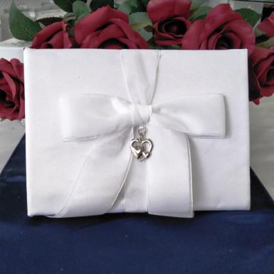 Wedding  Guest Book - Double Heart with Satin Bow in White Image 1