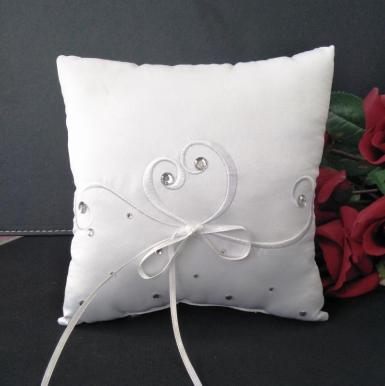 Wedding  Ring Cushion - White Embroided Heart Pillow with Bling Image 1