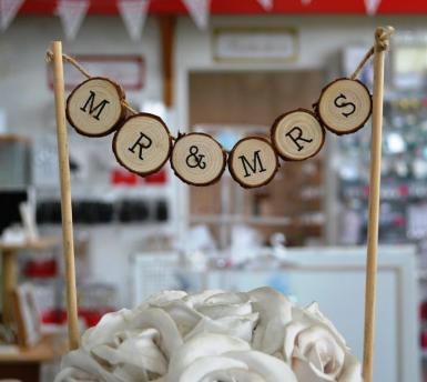Wedding  Mr and Mrs Rustic Log Style Cake Topper Image 1