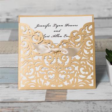Wedding  Graceful Metallic Gold Laser Cut Ribbon Bow Wedding Invitation Image 1