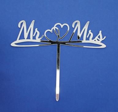 Wedding  Mr and Mrs Silver Word Cake Topper with Double Hearts Image 1