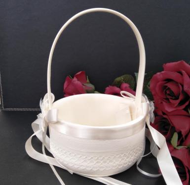Wedding  Flower Basket - Deluxe Ivory Flower Basket with Lace Trimming Image 1