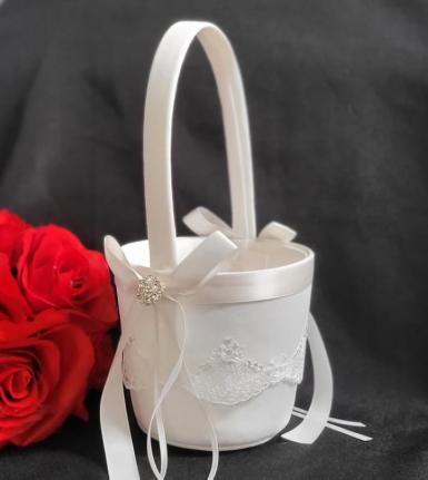 Wedding  Flower Basket - Lace and Bling with Satin Bow Image 1
