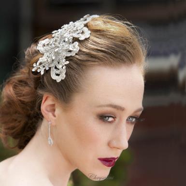 Chrysalini Designer Wedding Hairpiece, Deluxe Bridal Fascinator - MARGARET MARGARET| Silver Edge Lace Headpiece Image 1