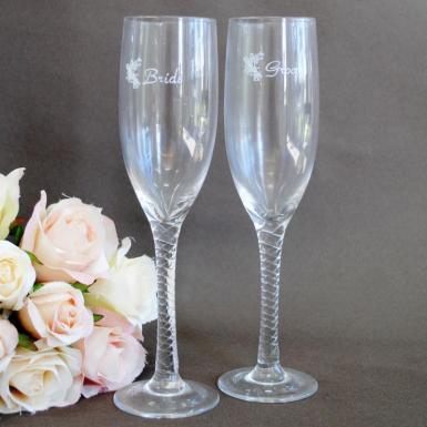 Wedding  Bride and Groom Etched Toasting Glasses Image 1