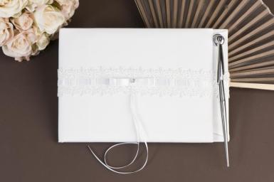 Wedding  Classic Satin and Lace Guest Book and Pen - White or Ivory Image 1