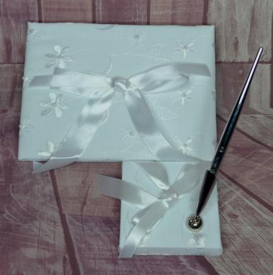 Wedding  Guest Book and Pen Set - Embroidered Flowers Image 1