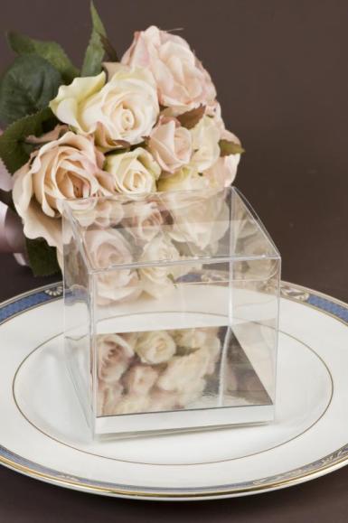 Wedding  Clear PVC Box with Silver Base 10cm x 10cm Image 1