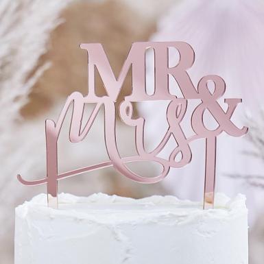 Wedding  Mr and Mrs Cake Topper - Rose Gold Mirror Image 1