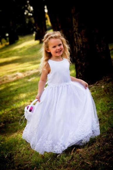 Wedding  Long Flower Girl Dress with Beaded Lace Trim - Ivory or White Image 1