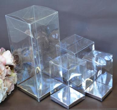 Wedding  Clear PVC Box with Silver Base 8cm x 8cm x 13cm Image 1